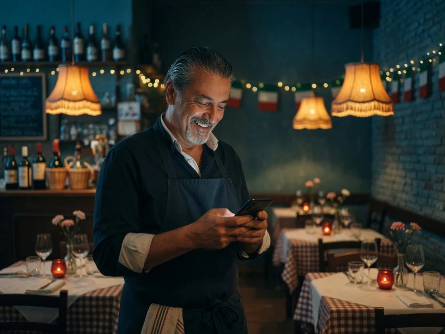 Il titolare della trattoria legge sul telefono il messaggio della chiamata